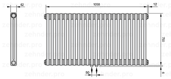 Схема (чертеж) Радиатор Zehnder Charleston 2075/23 №5410 Белый глянцевый RAL 9016